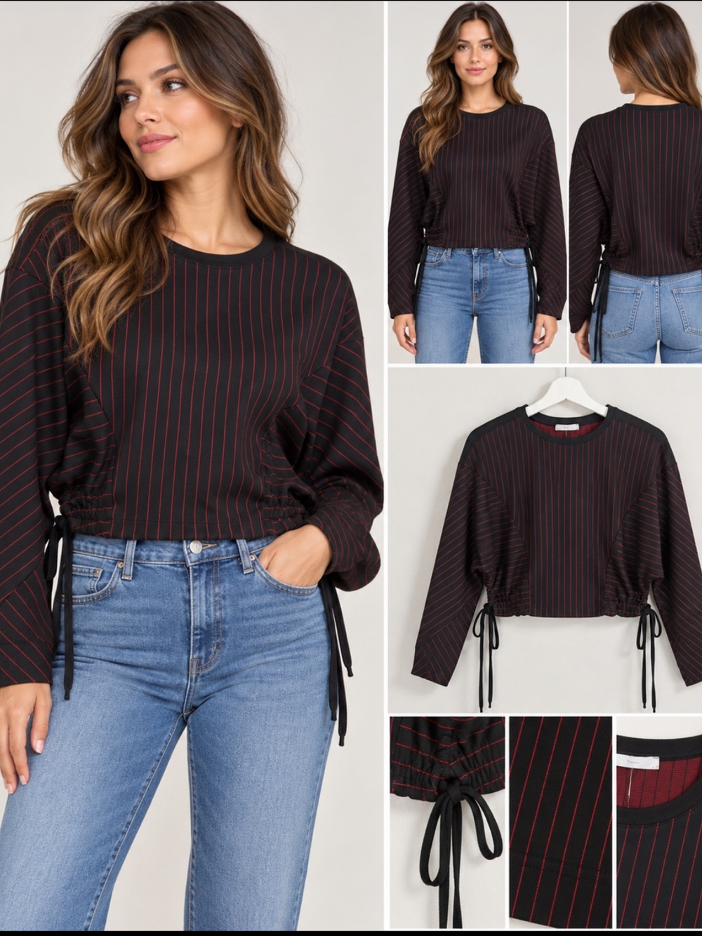 Zara Striped Cropped Blouse in Black & Red Size Medium NWT